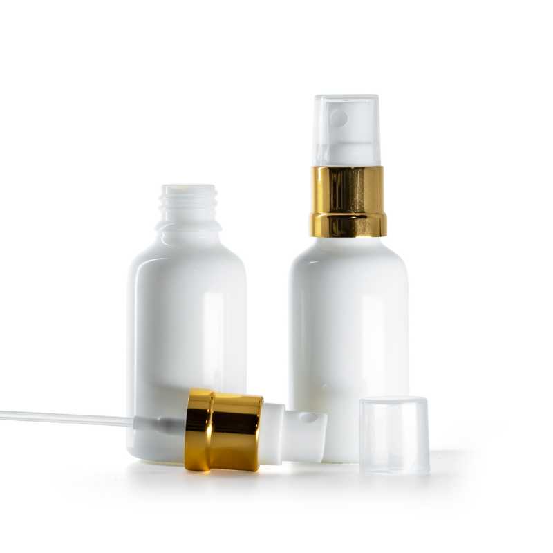 Bottiglia in vetro, bianca, spruzzatore bianco oro lucido, 30 ml