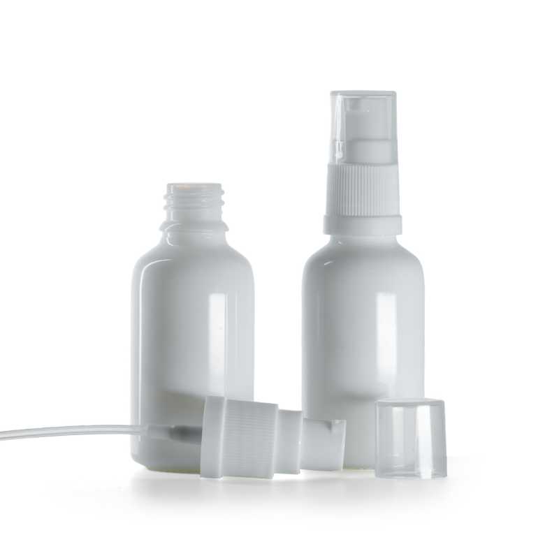 Flacone in vetro, bianco, dosatore bianco, 30 ml