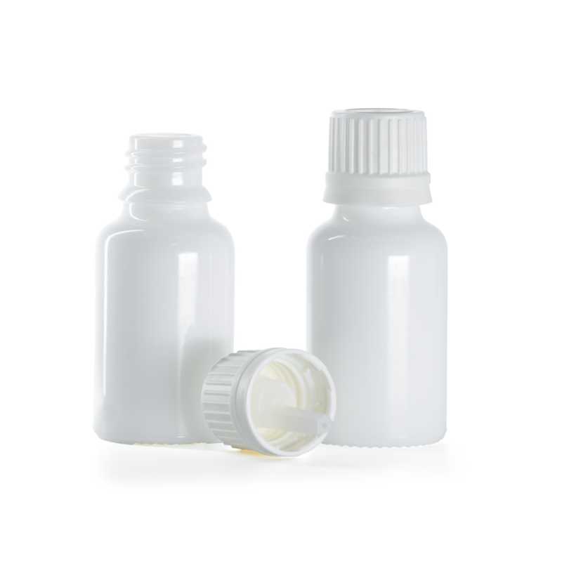 Flaconcino di vetro bianco, tappo bianco con contagocce, 15 ml