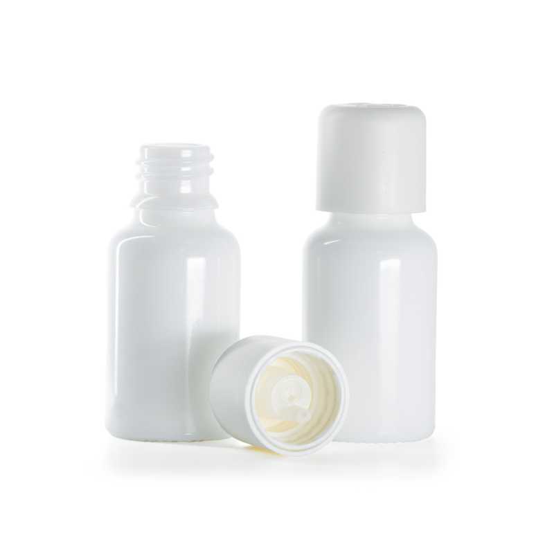 Flacone in vetro, bianco, cappuccio di sicurezza con contagocce, 15 ml