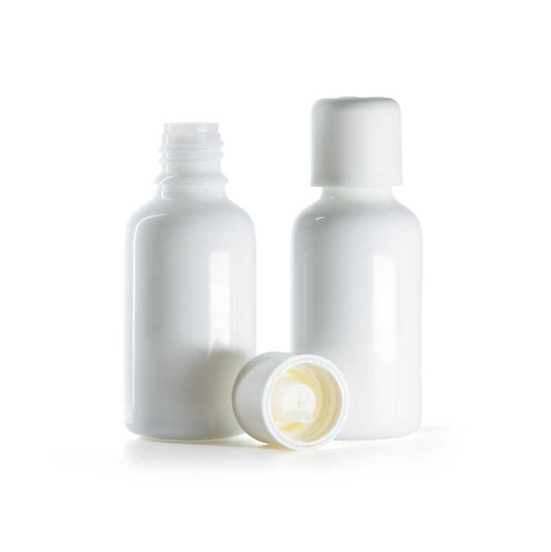 Flacone in vetro, bianco, tappo di sicurezza con contagocce, 30 ml