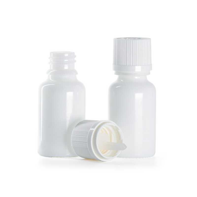 Bottiglia in vetro, bianca, tappo di sicurezza antimanomissione con contagocce, 15 ml
