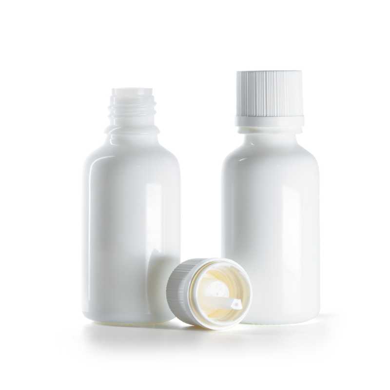 Flacone in vetro, bianco, tappo di sicurezza con contagocce, 30 ml