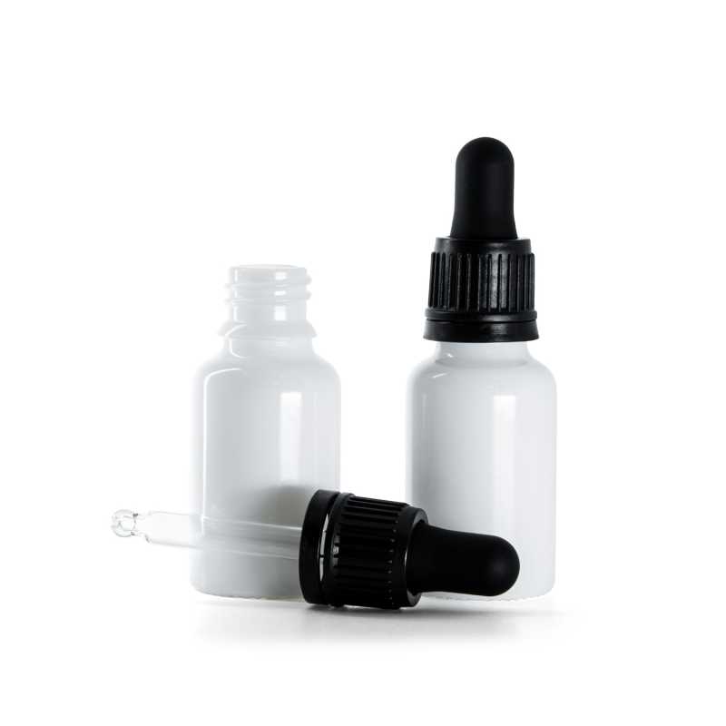 Flacone in vetro, bianco, contagocce antimanomissione nero, 15 ml