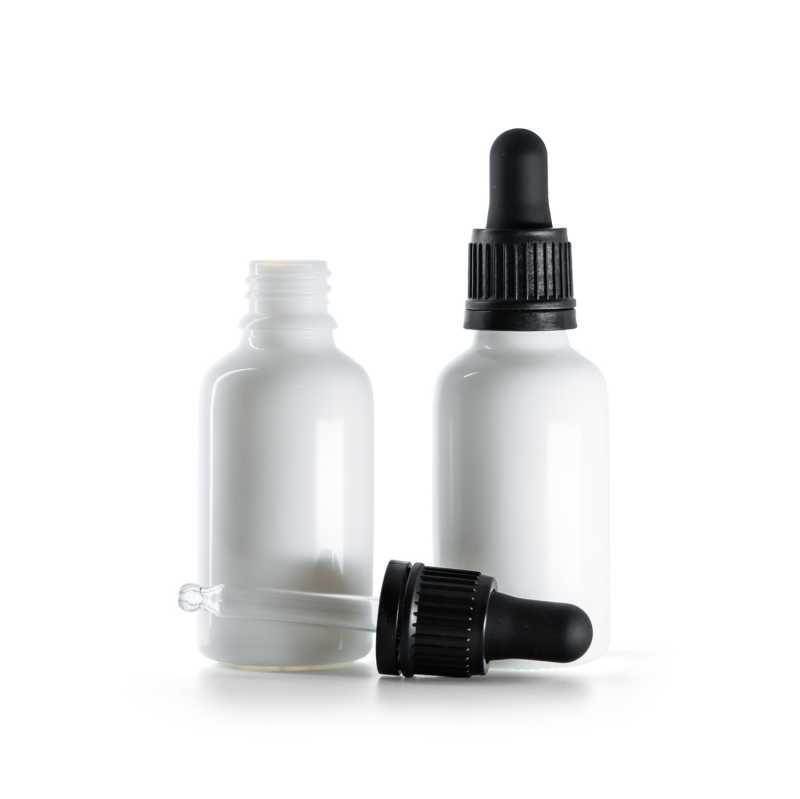 Flacone in vetro, bianco, contagocce nero, 30 ml