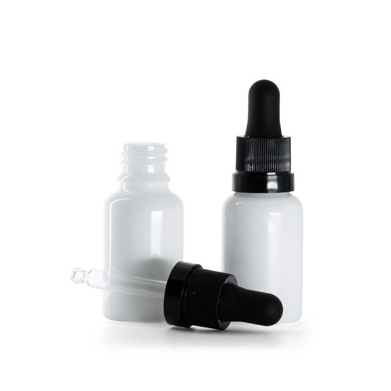 Flacone in vetro, contagocce nero opaco con fascia lucida, bianco, 15 ml