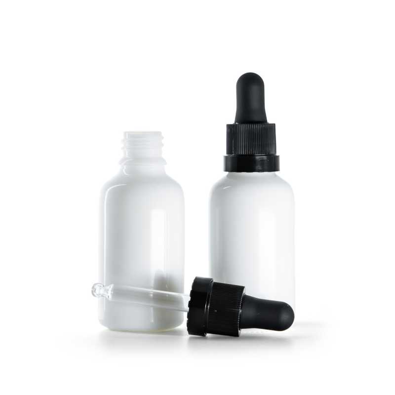 Bottiglia in vetro, bianca, contagocce nero con striscia lucida, 30 ml