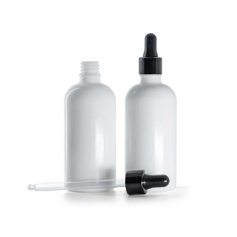 Bottiglia in vetro, bianca, contagocce nero lucido, 100 ml