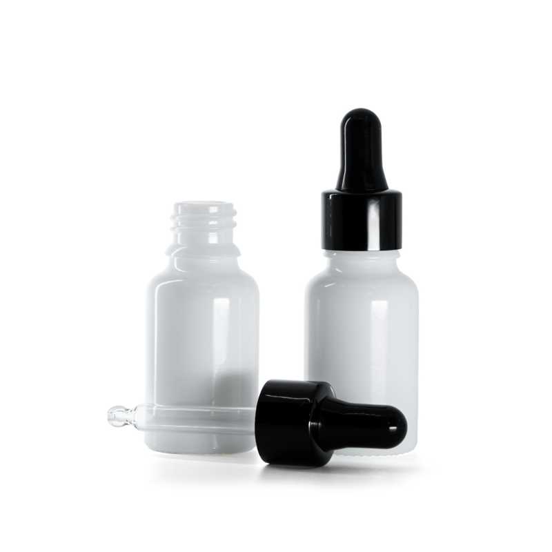 Flacone in vetro, bianco, contagocce nero lucido, 15 ml