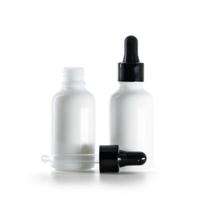 Flacone in vetro, bianco, contagocce nero lucido, 30 ml