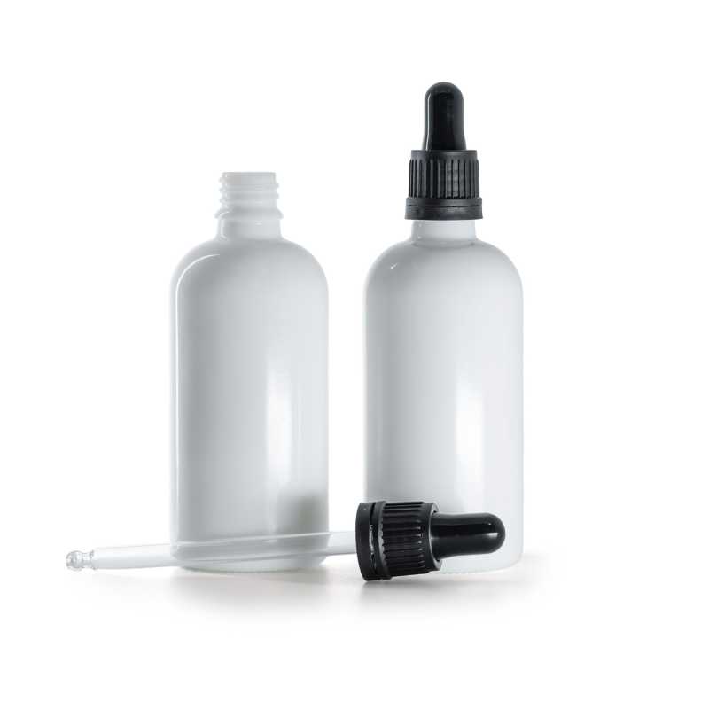 Bottiglia in vetro, bianca, contagocce nero opaco, 100 ml