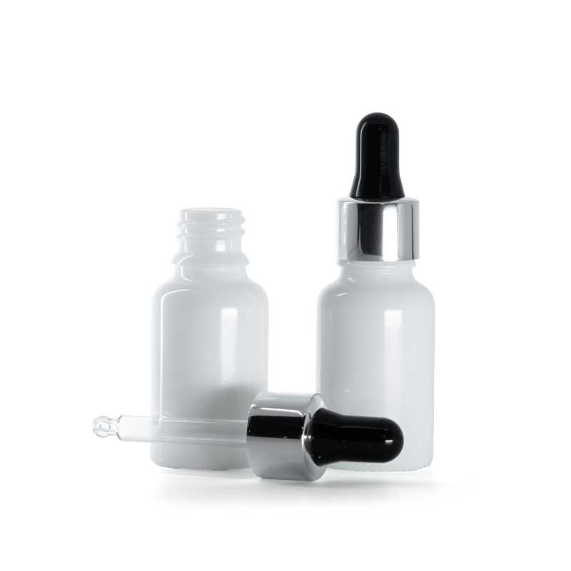 Bottiglia in vetro, contagocce nero argento, bianca, 15 ml