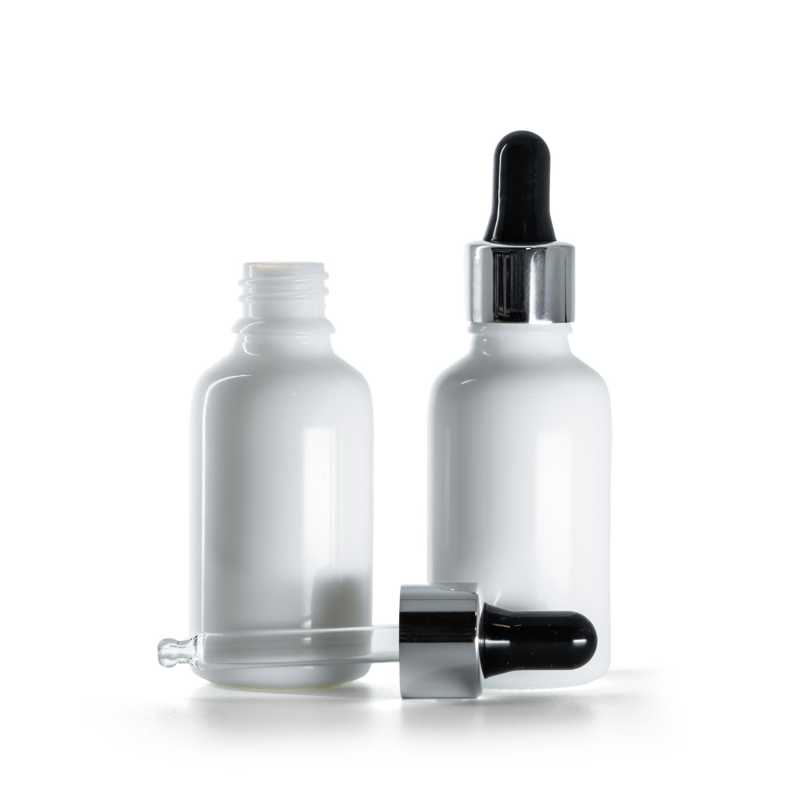Flacone in vetro, bianco, contagocce nero argento lucido, 30 ml