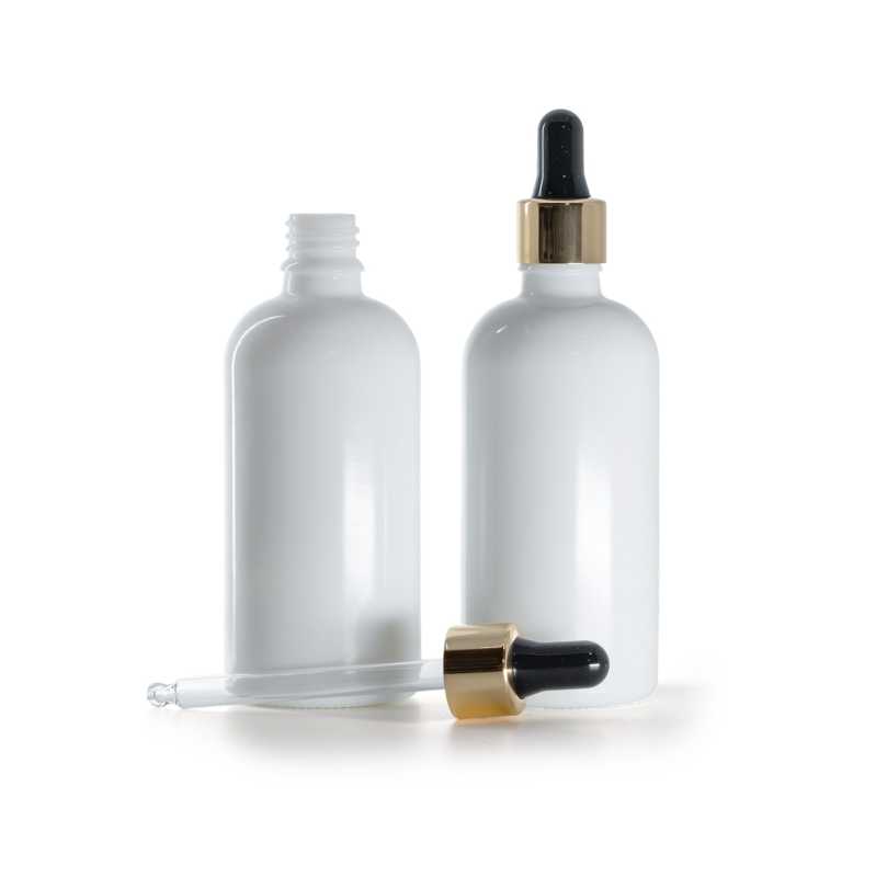 Flacone in vetro, bianco, contagocce nero e oro, 100 ml