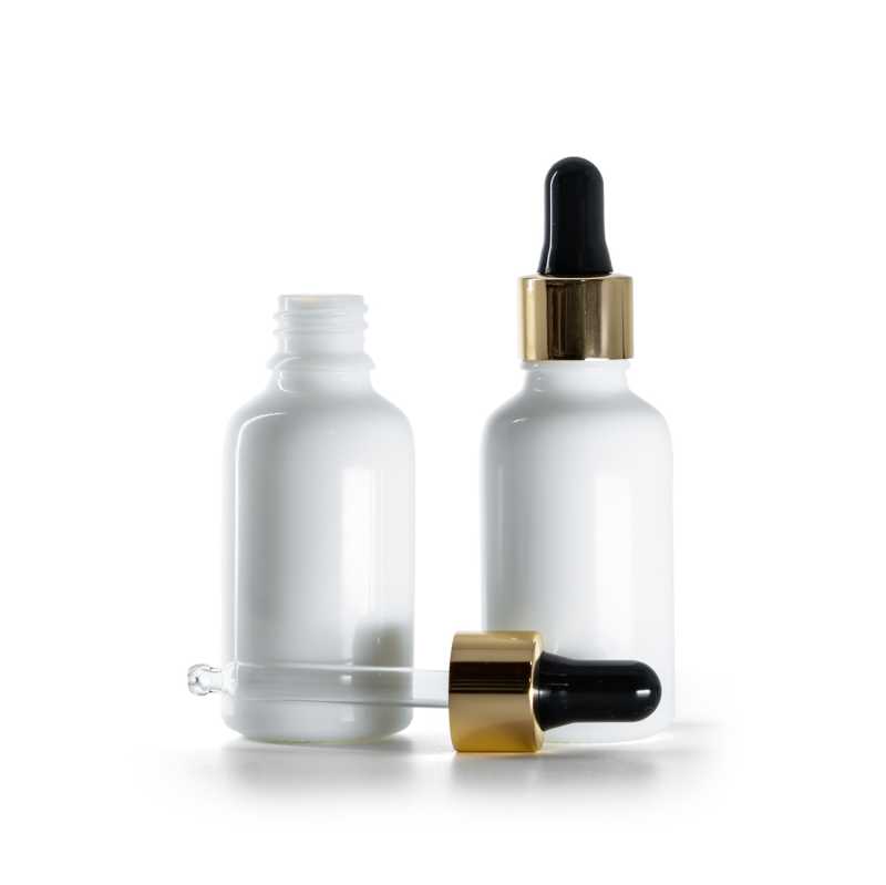 Flacone in vetro, bianco, contagocce nero-oro, 30 ml