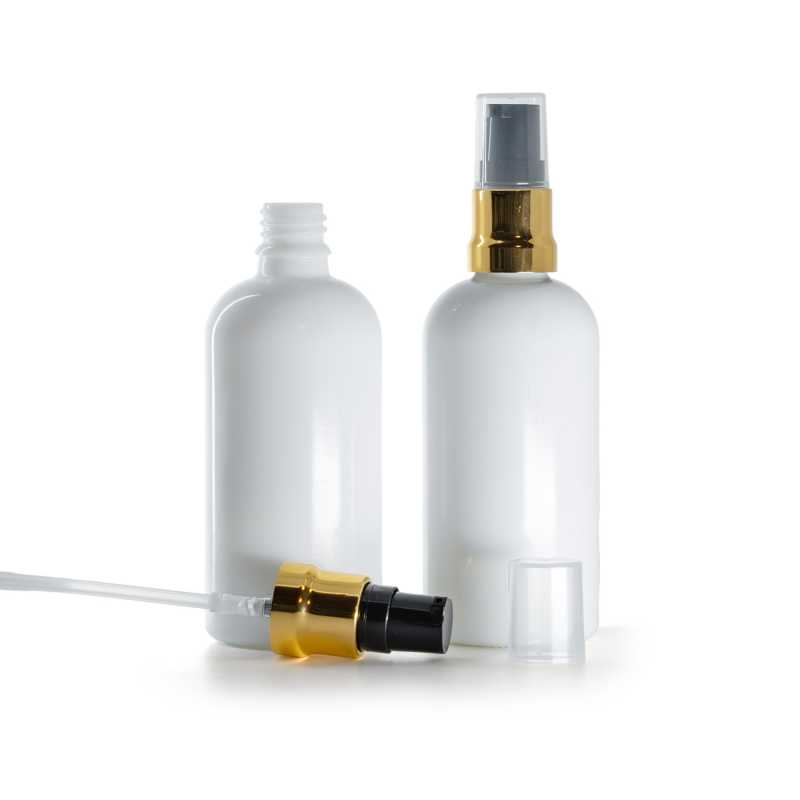 Flacone in vetro, bianco, dosatore nero e oro lucido con sovratappo trasparente, 100 ml