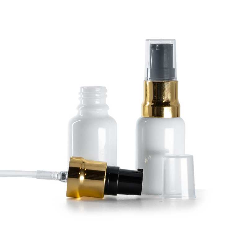 Flacone in vetro, bianco, dosatore nero e oro lucido, tappo trasparente, 15 ml