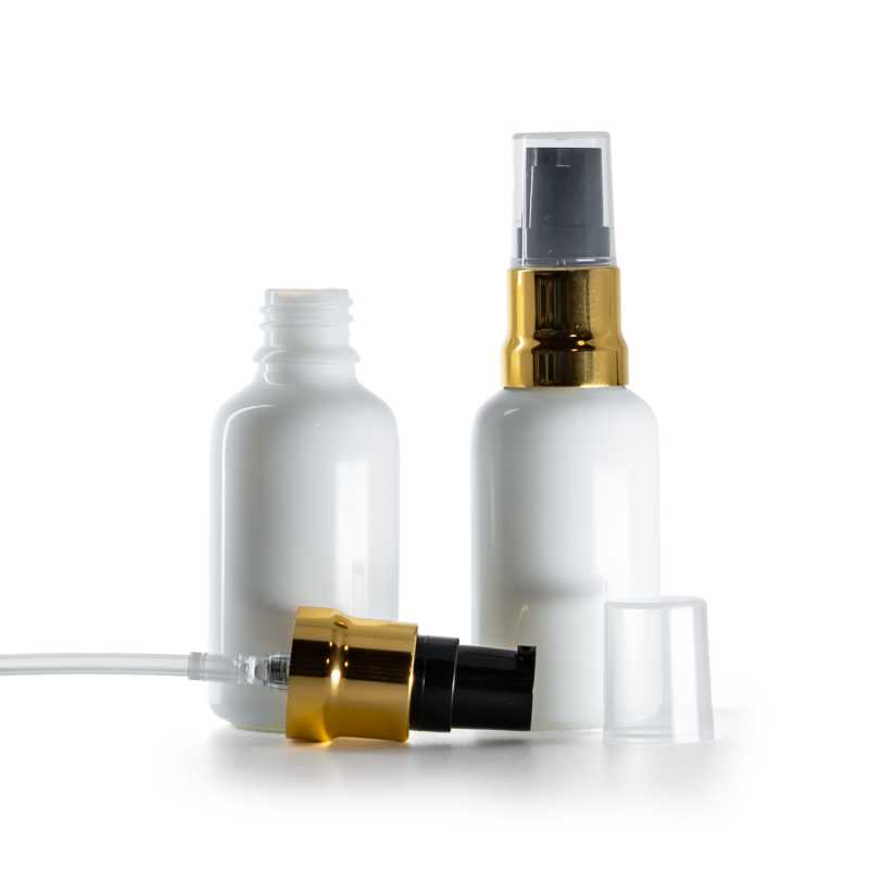 Flacone in vetro, bianco, dosatore nero oro lucido con sovratappo trasparente, 30 ml