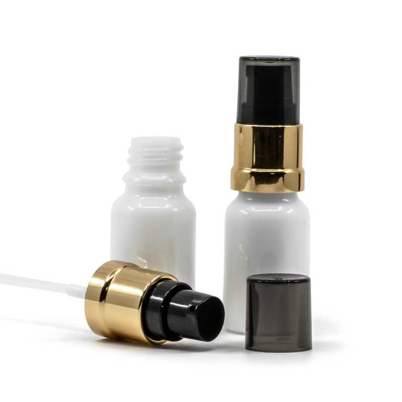 Flacone di vetro bianco, dosatore nero lucido con elementi dorati e sopra-tappo fumé, 10 ml