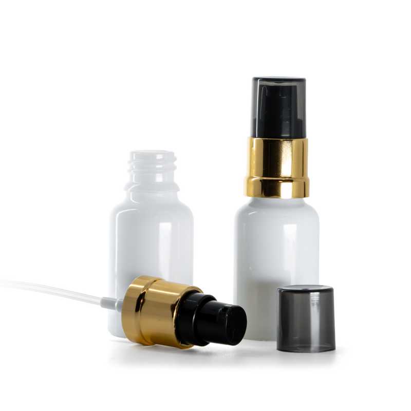 Flaconcino di vetro bianco, pompa nera e dorata lucida con sopra-tappo fumé, 15 ml