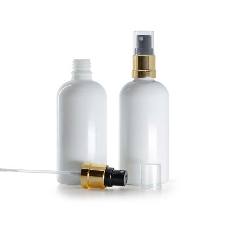 Bottiglia in vetro, bianca, spruzzatore nero dorato, 100 ml