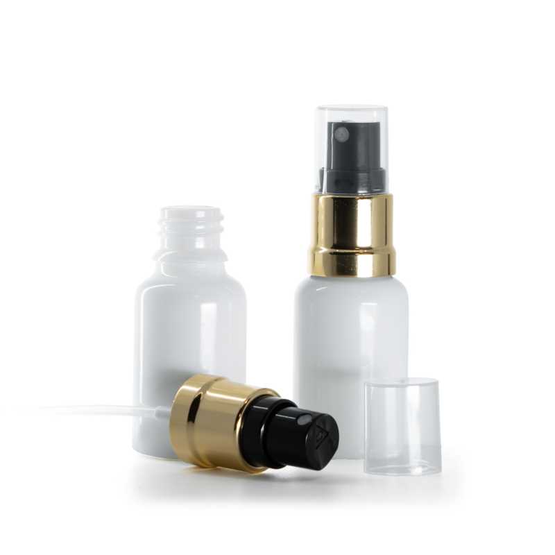 Bottiglia in vetro, bianco, spruzzatore nero oro lucido, 15 ml