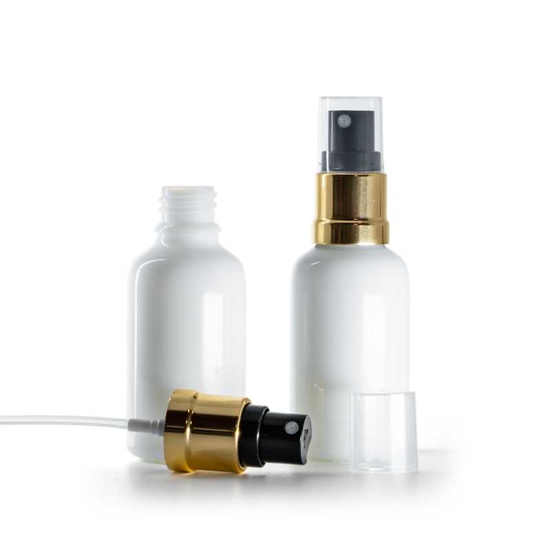 Flacone in vetro, bianco, spruzzatore nero oro lucido, 30 ml