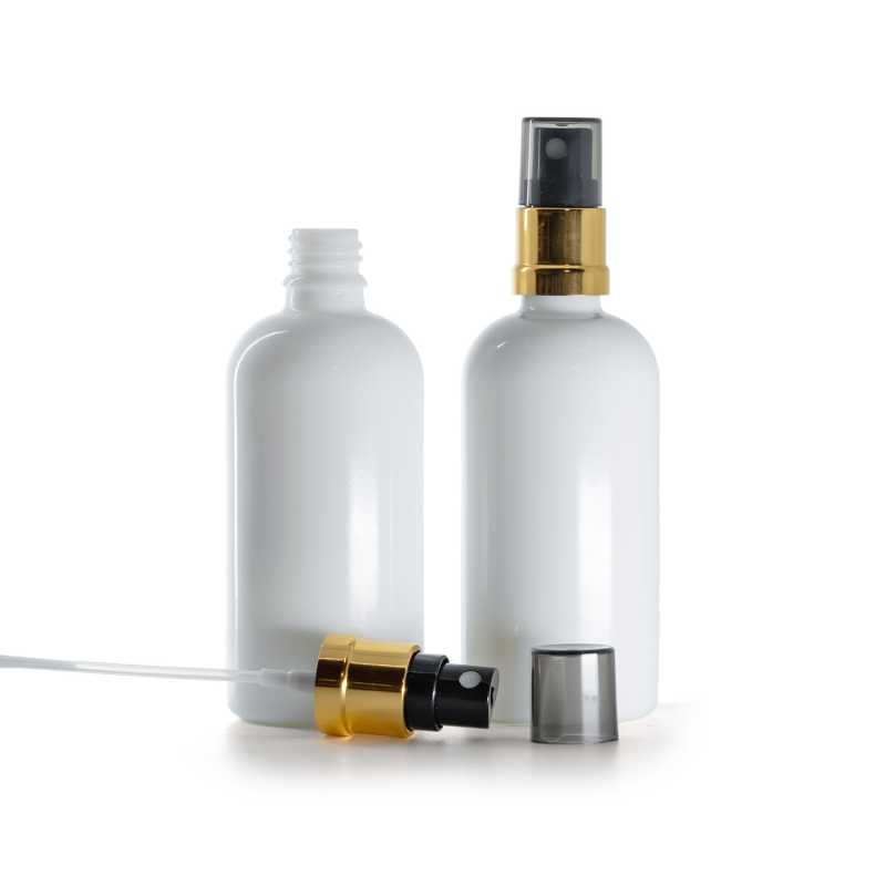 Flacone di vetro bianco, spruzzatore nero e dorato, sopra-tappo fumé, 100 ml