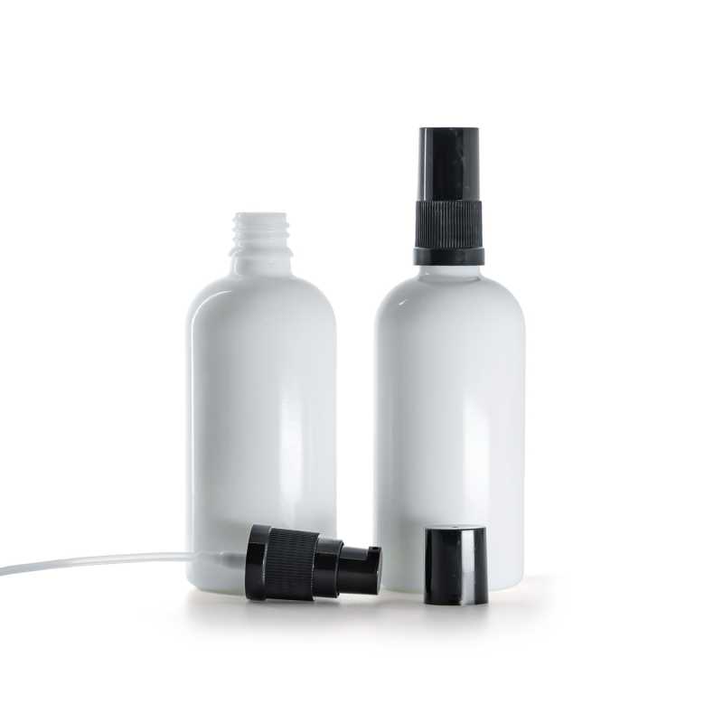 Flacone in vetro, bianco, dispenser lozione nero, cappuccio nero, 100 ml