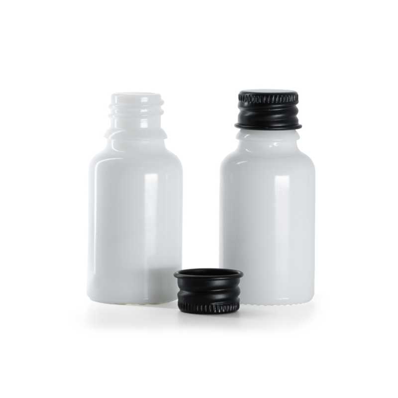 Flacone in vetro, bianco, tappo in alluminio nero, 15 ml
