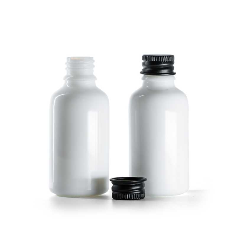 Bottiglia in vetro, bianca, tappo in alluminio nero, 30 ml
