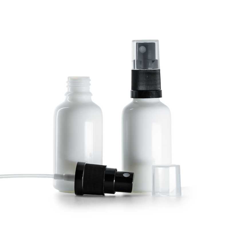 Flacone in vetro, bianco, spruzzatore nero, 30 ml