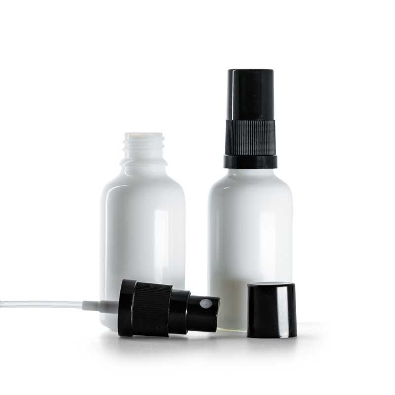 Flacone in vetro, bianco, spruzzatore nero, tappo nero, 30 ml