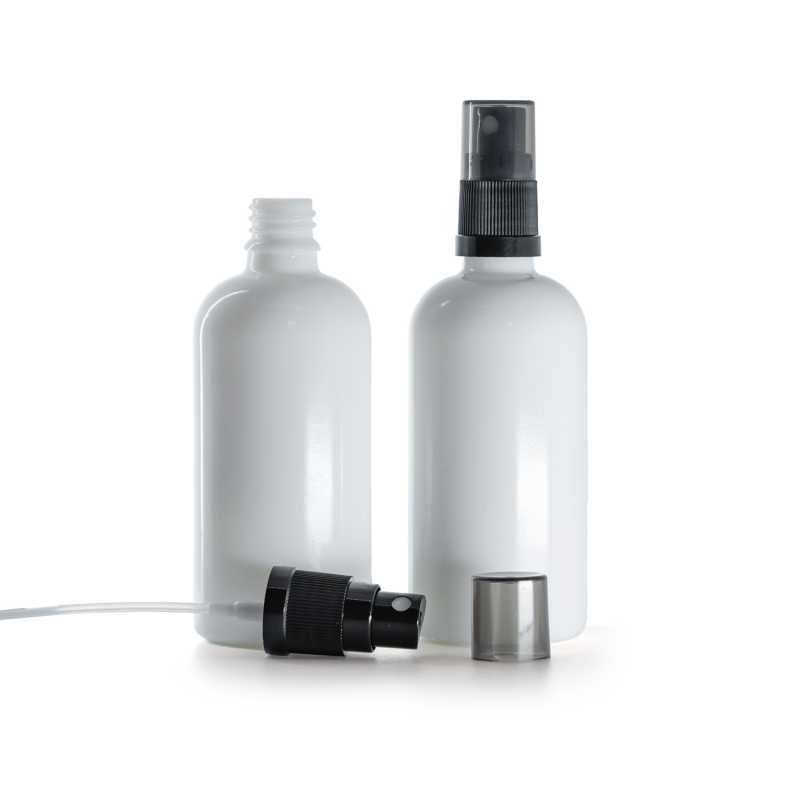 Flacone di vetro bianco, spruzzatore nero, sopra-tappo fumé, 100 ml
