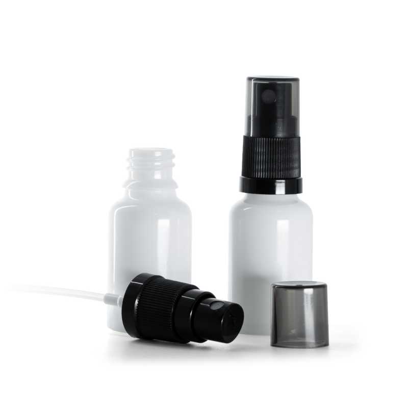 Flaconcino di vetro bianco, spruzzatore nero con sopra-tappo fumé, 15 ml
