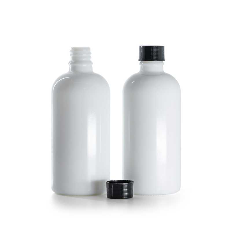 Flacone in vetro, flacone farmaceutico, bianco, tappo nero, 100 ml