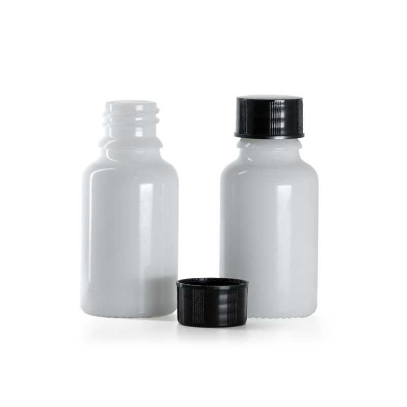 Flacone in vetro, bianco, tappo nero, 15 ml