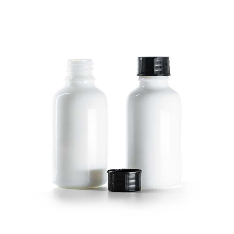 Flacone in vetro, bianco, tappo nero, 30 ml