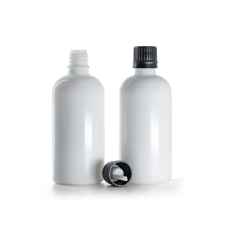 Flacone di vetro bianco, tappo nero con contagocce, 100 ml