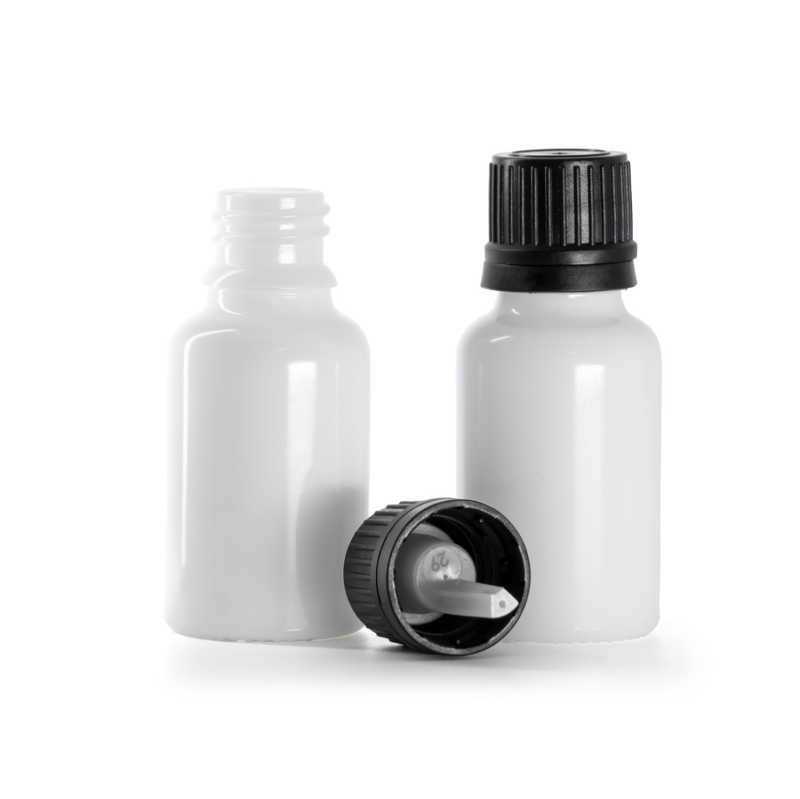 Flaconcino di vetro bianco, tappo nero con contagocce, 15 ml