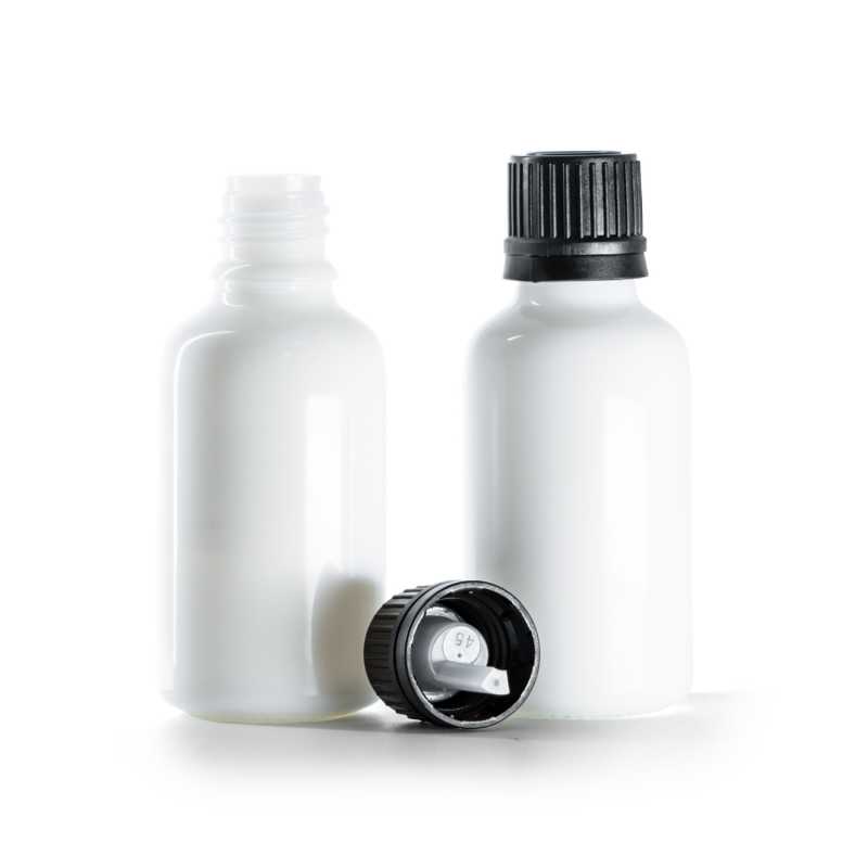 Flacone di vetro bianco, tappo nero con contagocce, 30 ml