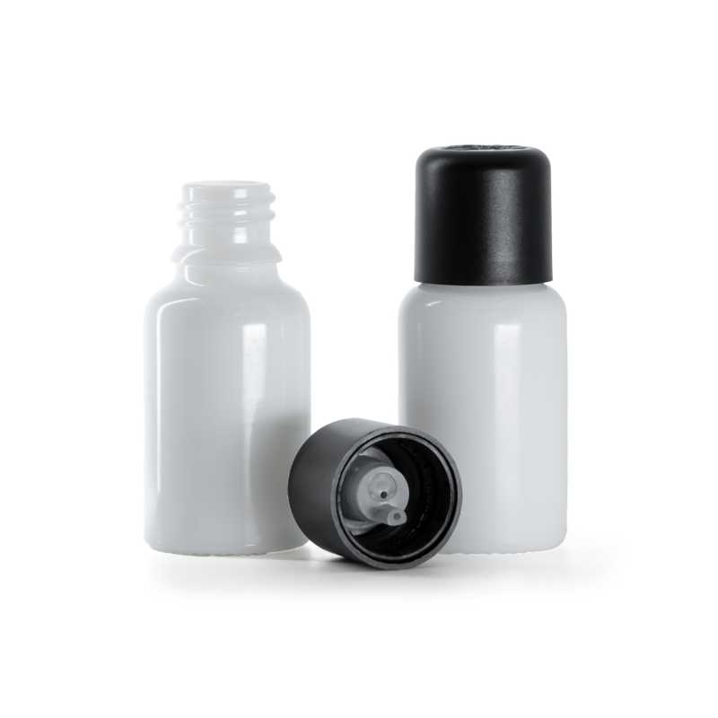 Flacone in vetro bianco, tappo di sicurezza antimanomissione nero con contagocce, 15 ml
