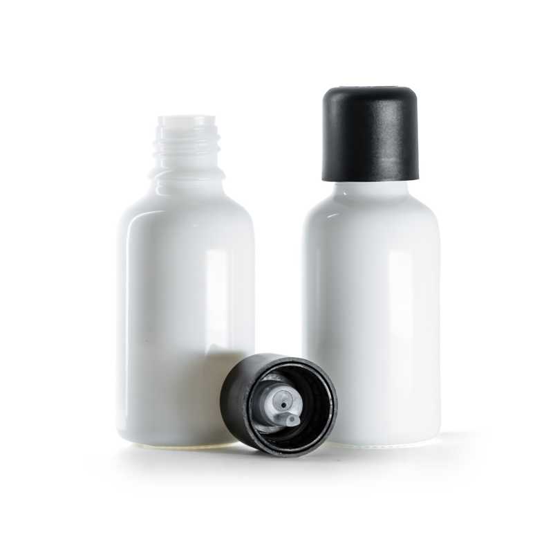Flacone in vetro, contagocce, bianco, capsula di sicurezza antimanomissione nera, 30 ml