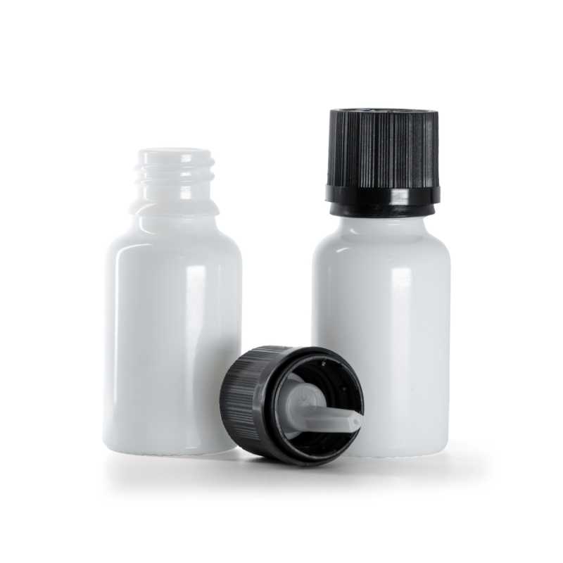 Flacone in vetro, bianco, tappo di sicurezza nero con contagocce, 15 ml
