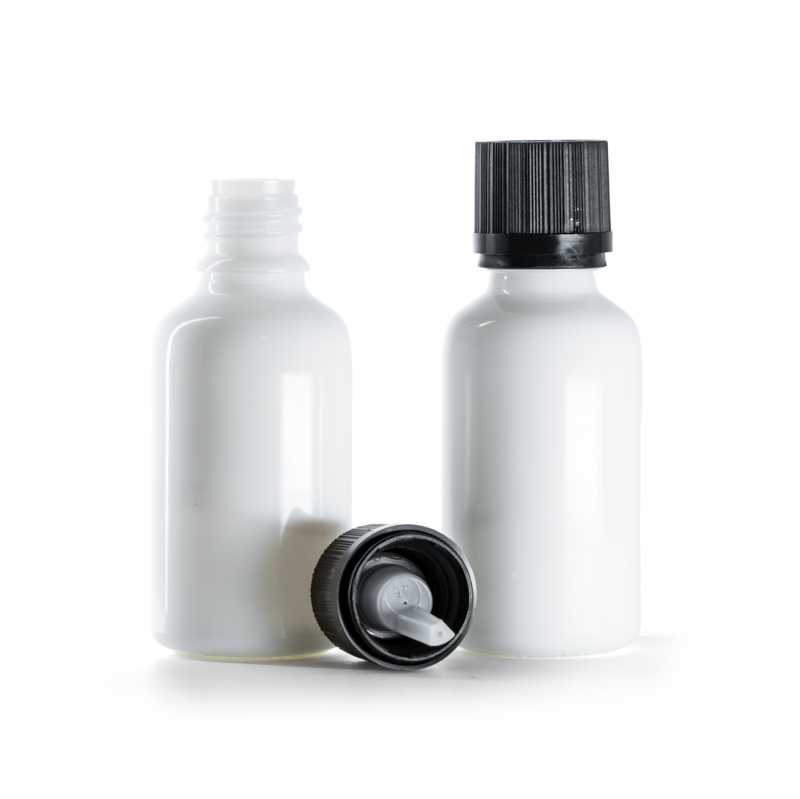 Flacone in vetro, bianco, tappo di sicurezza nero con contagocce, 30 ml