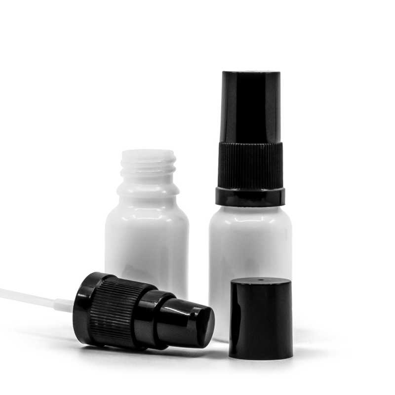 Bottiglia, vetro, bianca, dispenser lozione con sovraccappuccio nero, 10 ml
