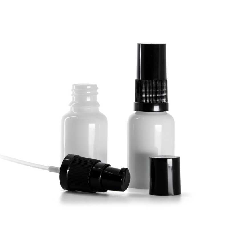 Flacone in vetro, bianco, dispenser lozione nero con sovratappo nero, 15 ml