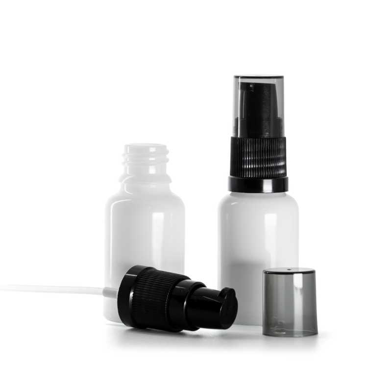 Flaconcino di vetro bianco, dosatore di crema con sopra-tappo fumé, 15 ml