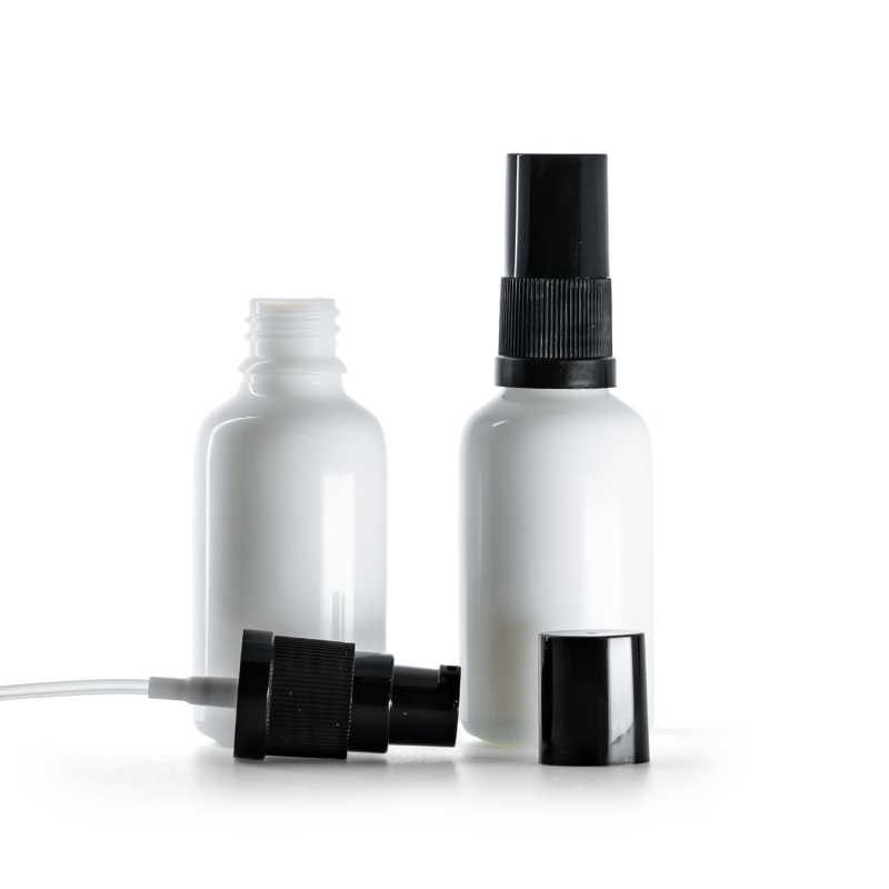 Flacone in vetro bianco, dispenser lozione, sovratappo nero, 30 ml