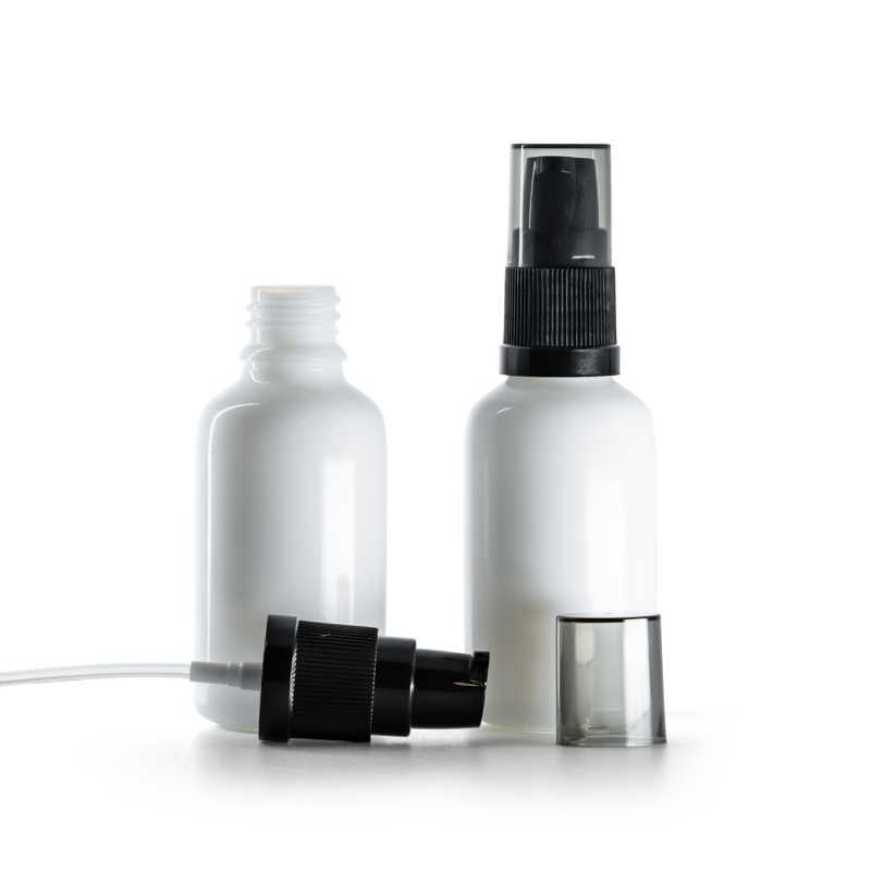 Flaconcino di vetro bianco, pompa lozione con sopra-tappo fumé, 30 ml